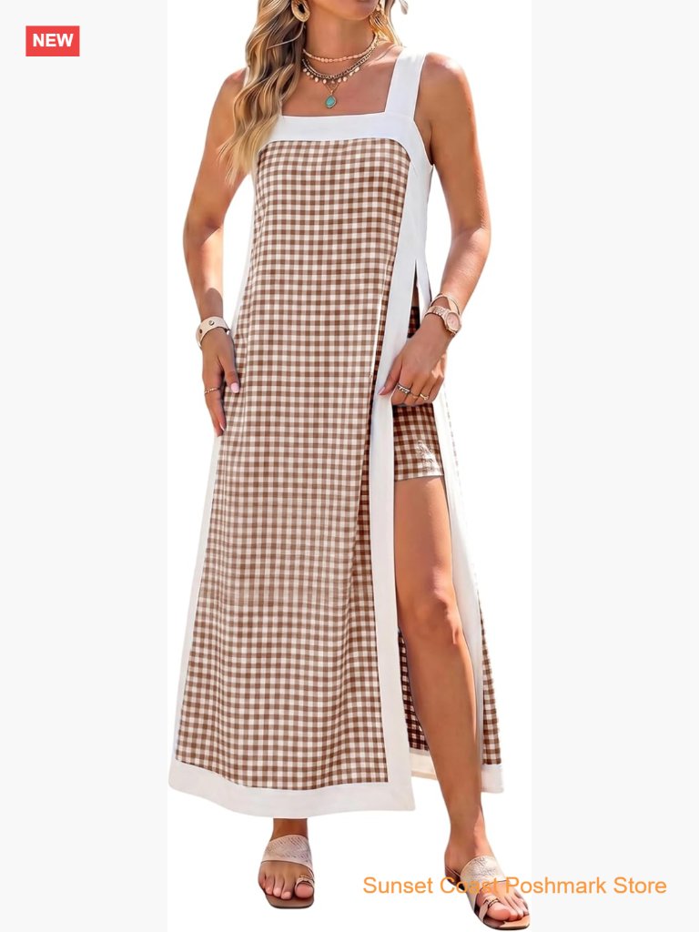 Women's Square Neck Sleeveless Plaid Maxi Dress Matching Shorts Set